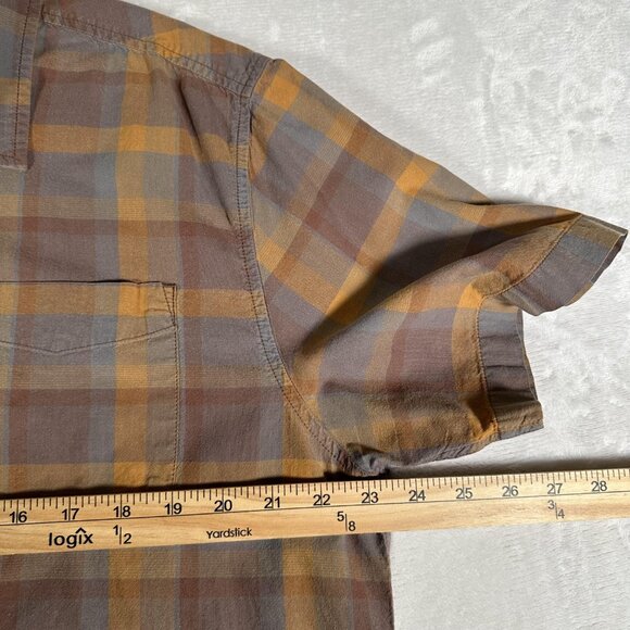 Prana Shirt Men Size XL Brown Plaid Short Sleeve Slim Fit Single Pocket EUC - Picture 2 of 8